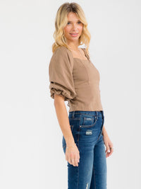 WOMEN'S SHORT PUFF SLEEVE SQUARE NECK OPEN BACK LINEN TOP