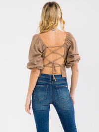 WOMEN'S SHORT PUFF SLEEVE SQUARE NECK OPEN BACK LINEN TOP