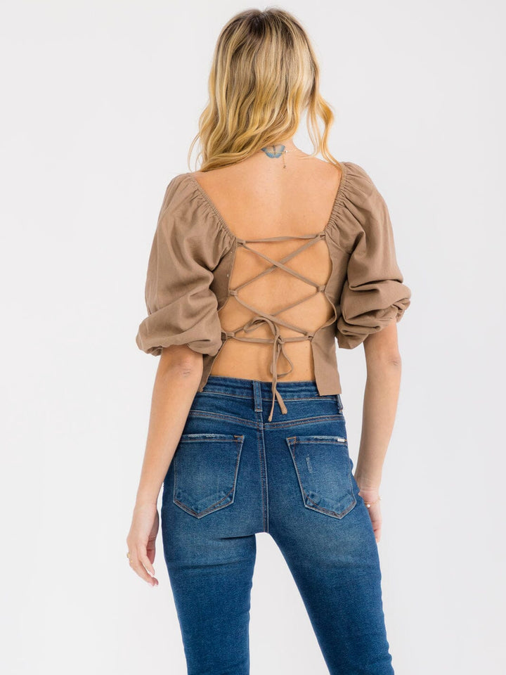 WOMEN'S SHORT PUFF SLEEVE SQUARE NECK OPEN BACK LINEN TOP