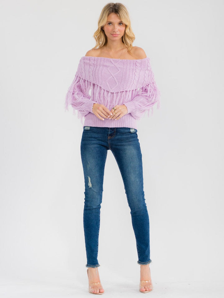 WOMEN'S LONG SLEEVE OFF SHOULDER KNIT DETAILED TOP