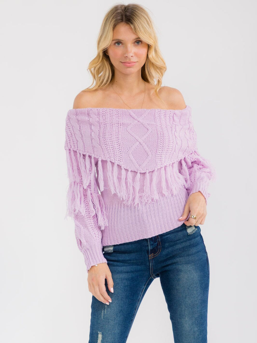 WOMEN'S LONG SLEEVE OFF SHOULDER KNIT DETAILED TOP