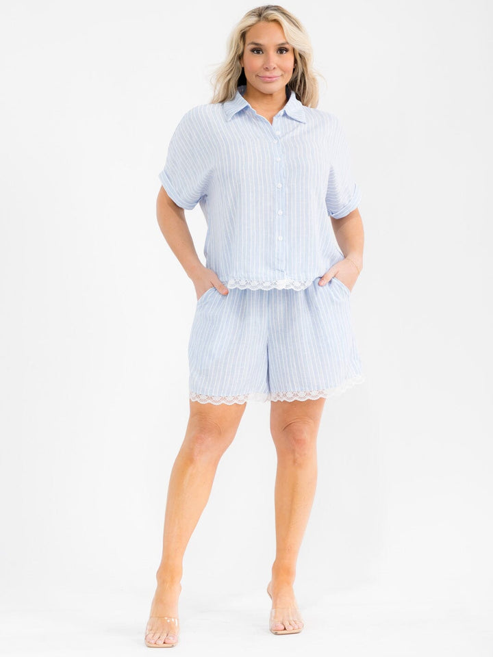 PLUS SIZE SHORT SLEEVE TOP & ELASTIC WAIST SHORTS LACE STRIPES 2PC. SET