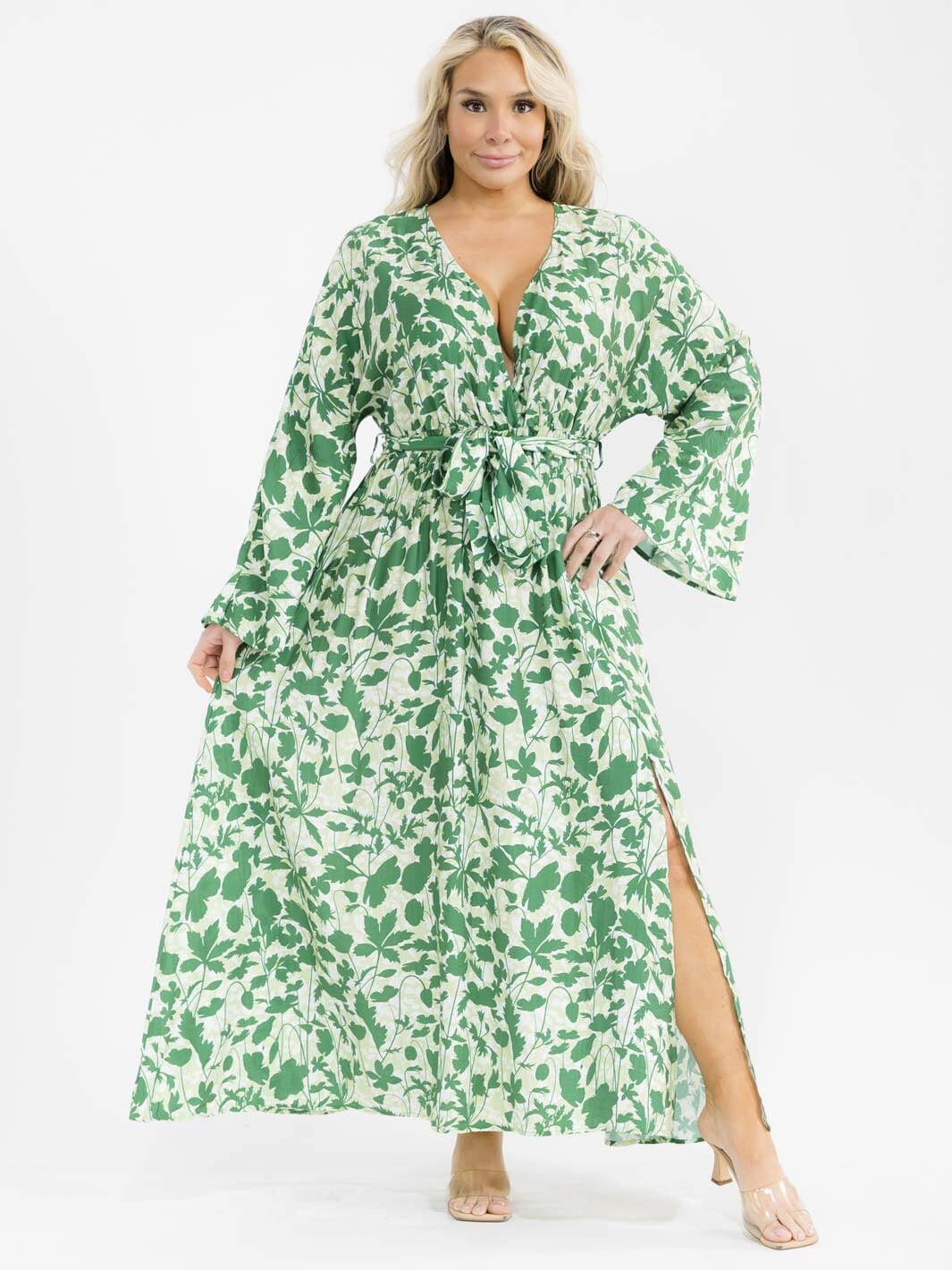PLUS SIZE LONG SLEEVE SURPLICE SELF TIE SIDE SLIT LEAF PRINT MAXI DRESS