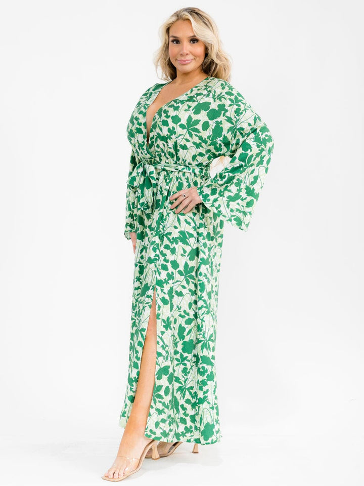 PLUS SIZE LONG SLEEVE SURPLICE SELF TIE SIDE SLIT LEAF PRINT MAXI DRESS
