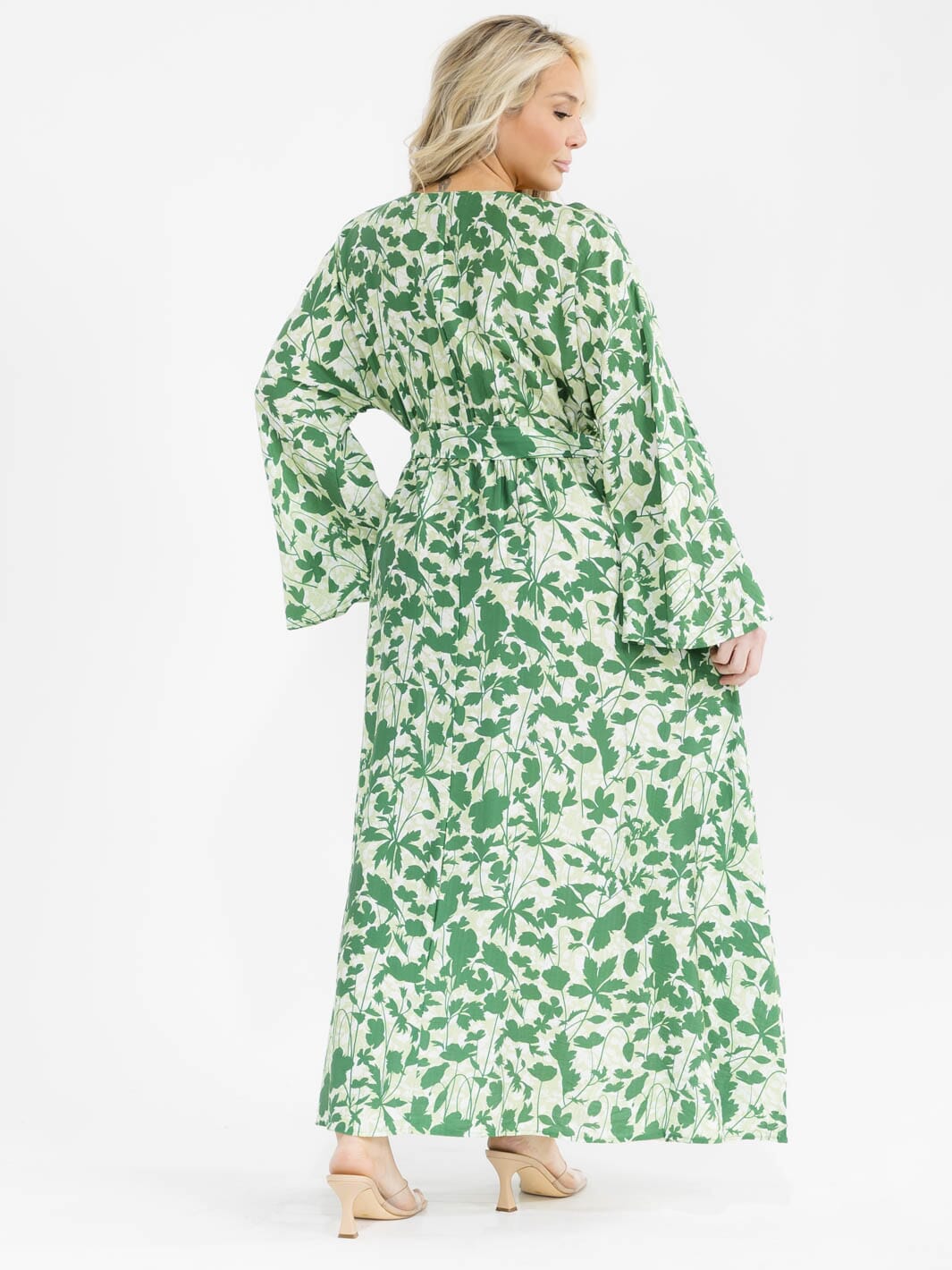 PLUS SIZE LONG SLEEVE SURPLICE SELF TIE SIDE SLIT LEAF PRINT MAXI DRESS