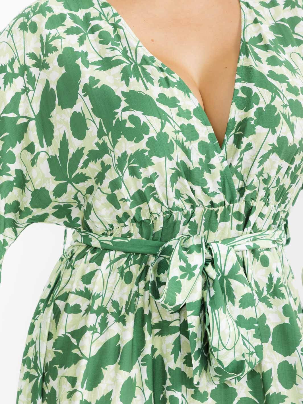 PLUS SIZE LONG SLEEVE SURPLICE SELF TIE SIDE SLIT LEAF PRINT MAXI DRESS