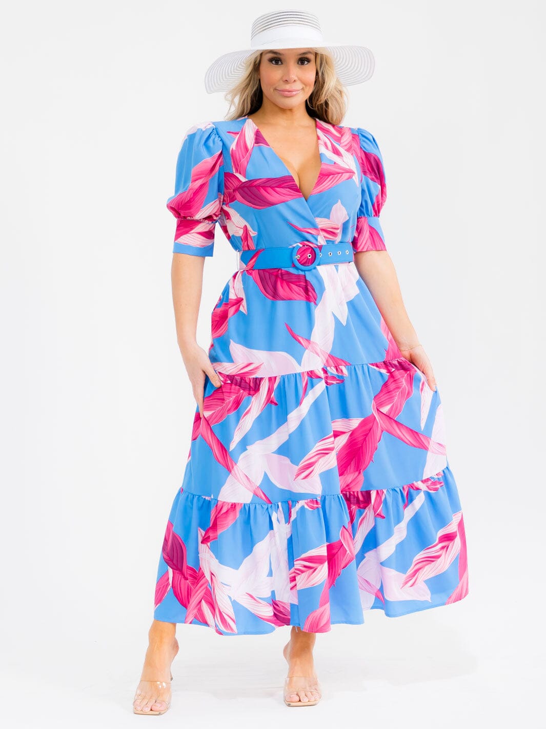 PLUS SIZE SHORT SLEEVE BELTED LEAF PRINT MAXI DRESS