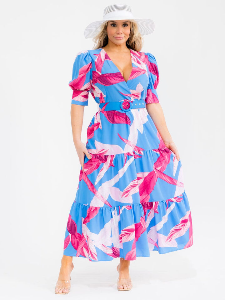 PLUS SIZE SHORT SLEEVE BELTED LEAF PRINT MAXI DRESS
