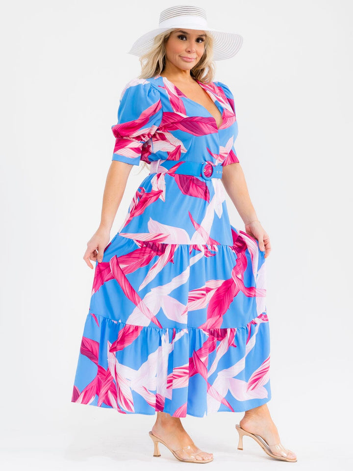 PLUS SIZE SHORT SLEEVE BELTED LEAF PRINT MAXI DRESS