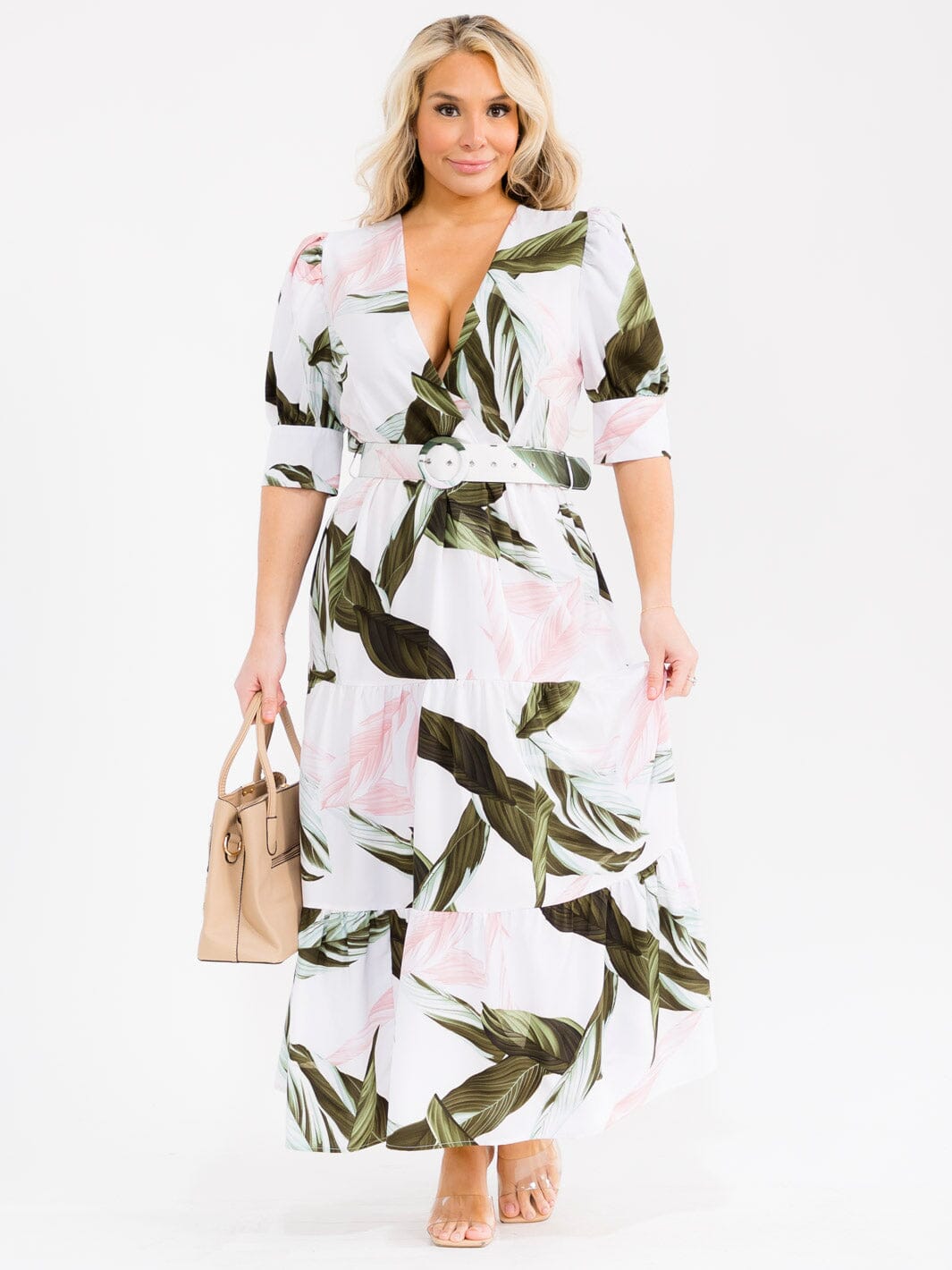 PLUS SIZE SHORT SLEEVE BELTED LEAF PRINT MAXI DRESS