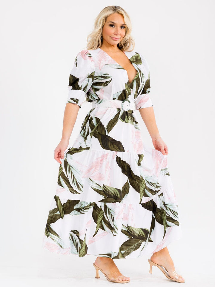 PLUS SIZE SHORT SLEEVE BELTED LEAF PRINT MAXI DRESS