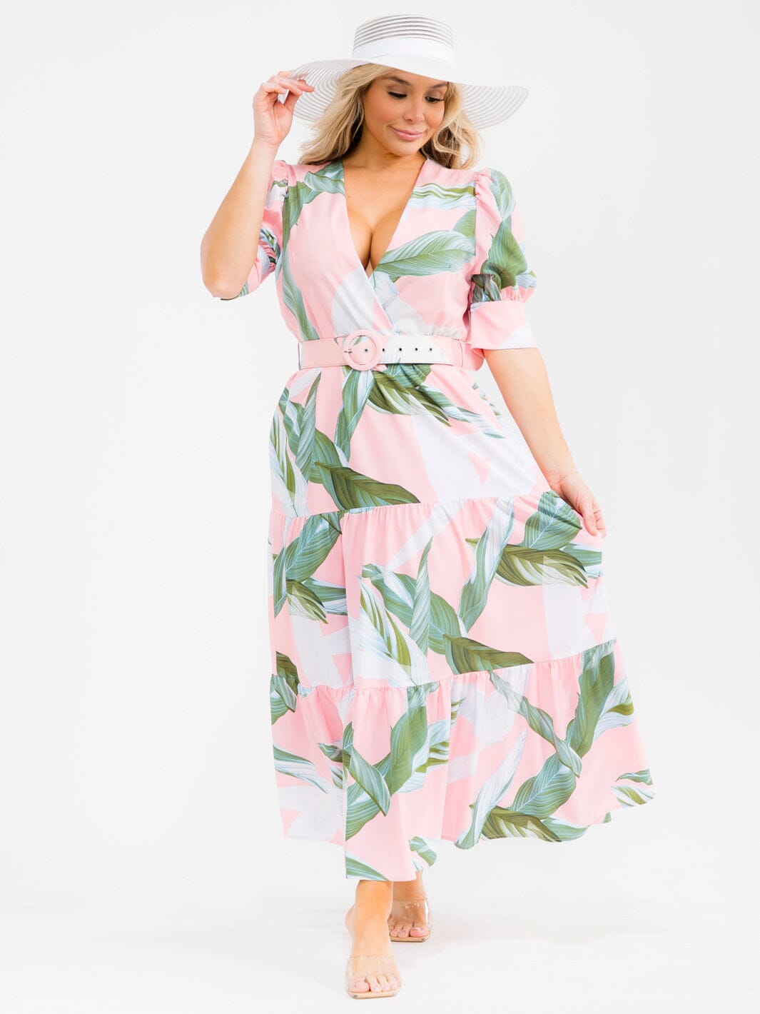 PLUS SIZE SHORT SLEEVE BELTED LEAF PRINT MAXI DRESS