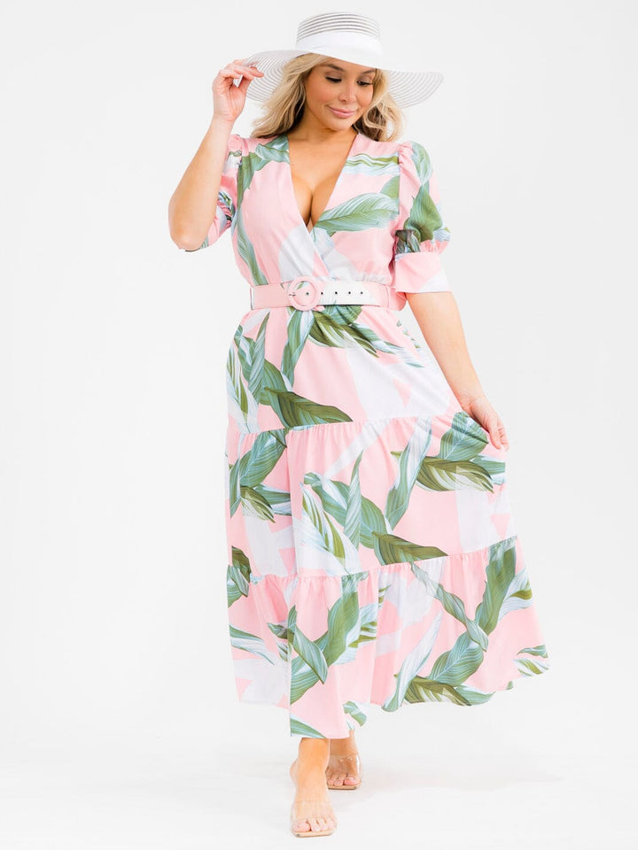 PLUS SIZE SHORT SLEEVE BELTED LEAF PRINT MAXI DRESS