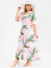 PLUS SIZE SHORT SLEEVE BELTED LEAF PRINT MAXI DRESS
