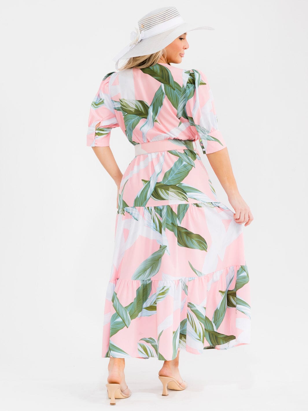 PLUS SIZE SHORT SLEEVE BELTED LEAF PRINT MAXI DRESS