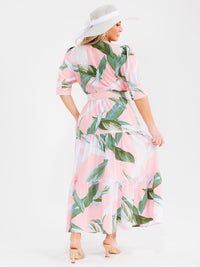 PLUS SIZE SHORT SLEEVE BELTED LEAF PRINT MAXI DRESS