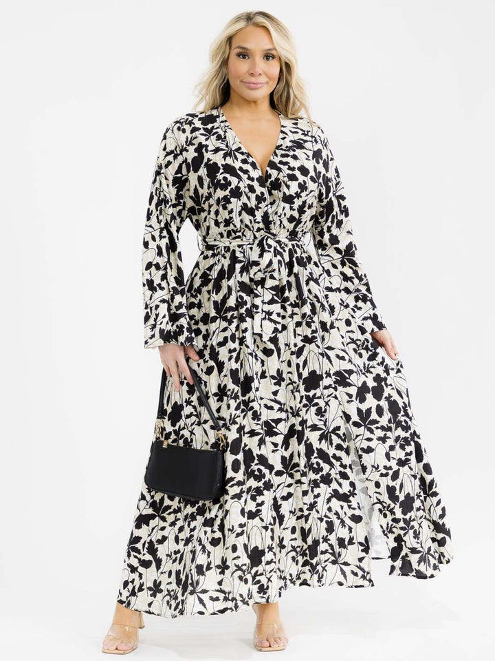 PLUS SIZE LONG SLEEVE SURPLICE SELF TIE SIDE SLIT LEAF PRINT MAXI DRESS
