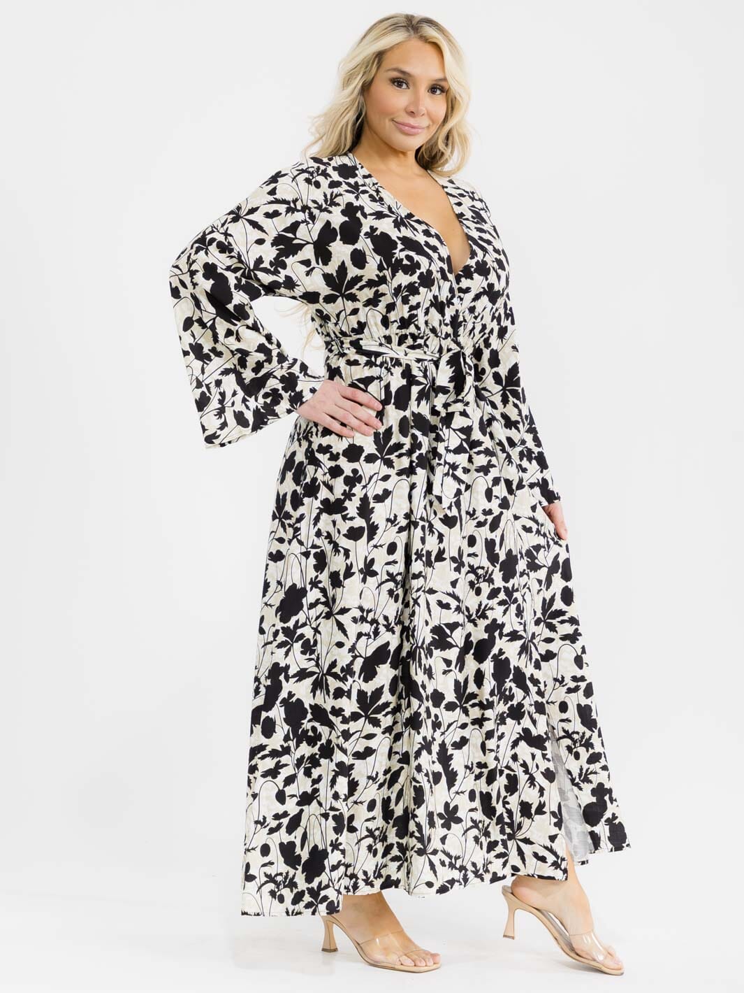 PLUS SIZE LONG SLEEVE SURPLICE SELF TIE SIDE SLIT LEAF PRINT MAXI DRESS