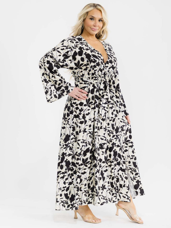 PLUS SIZE LONG SLEEVE SURPLICE SELF TIE SIDE SLIT LEAF PRINT MAXI DRESS