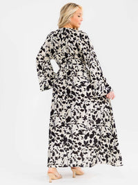 PLUS SIZE LONG SLEEVE SURPLICE SELF TIE SIDE SLIT LEAF PRINT MAXI DRESS