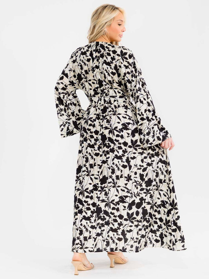 PLUS SIZE LONG SLEEVE SURPLICE SELF TIE SIDE SLIT LEAF PRINT MAXI DRESS