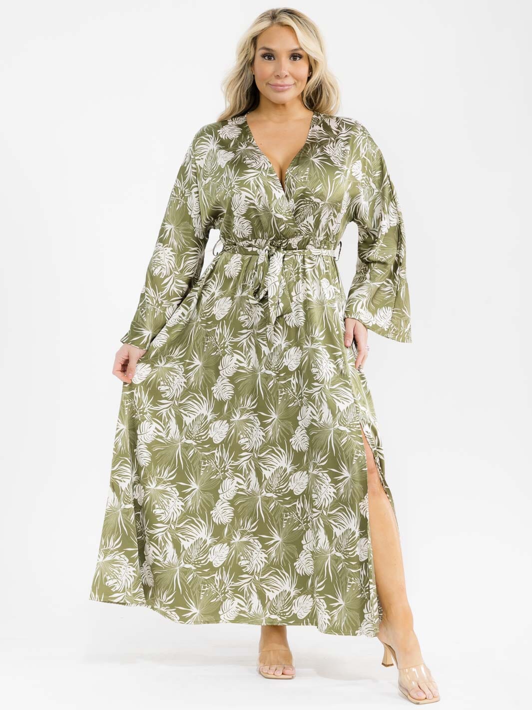 PLUS SIZE LONG SLEEVE SURPLICE SELF TIE SIDE SLIT LEAF PRINT MAXI DRESS
