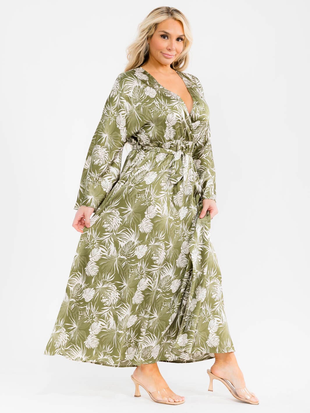 PLUS SIZE LONG SLEEVE SURPLICE SELF TIE SIDE SLIT LEAF PRINT MAXI DRESS