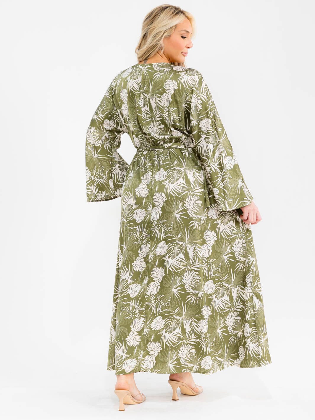PLUS SIZE LONG SLEEVE SURPLICE SELF TIE SIDE SLIT LEAF PRINT MAXI DRESS