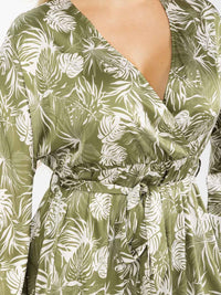 PLUS SIZE LONG SLEEVE SURPLICE SELF TIE SIDE SLIT LEAF PRINT MAXI DRESS