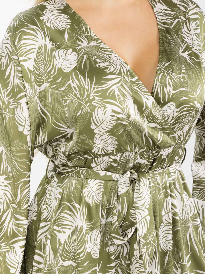 PLUS SIZE LONG SLEEVE SURPLICE SELF TIE SIDE SLIT LEAF PRINT MAXI DRESS