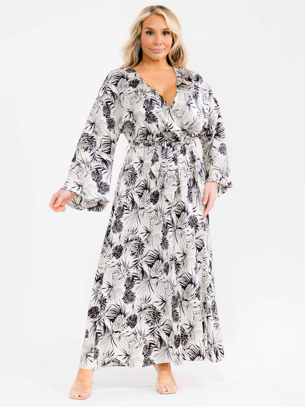 PLUS SIZE LONG SLEEVE SURPLICE SELF TIE SIDE SLIT LEAF PRINT MAXI DRESS
