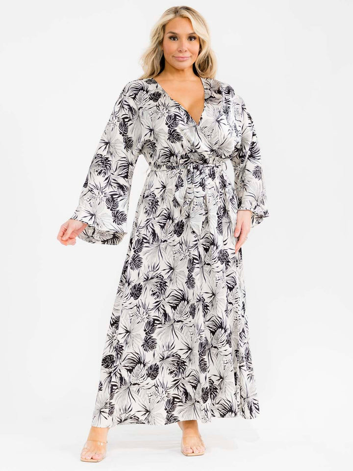 PLUS SIZE LONG SLEEVE SURPLICE SELF TIE SIDE SLIT LEAF PRINT MAXI DRESS