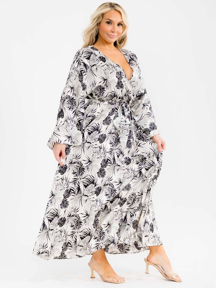 PLUS SIZE LONG SLEEVE SURPLICE SELF TIE SIDE SLIT LEAF PRINT MAXI DRESS