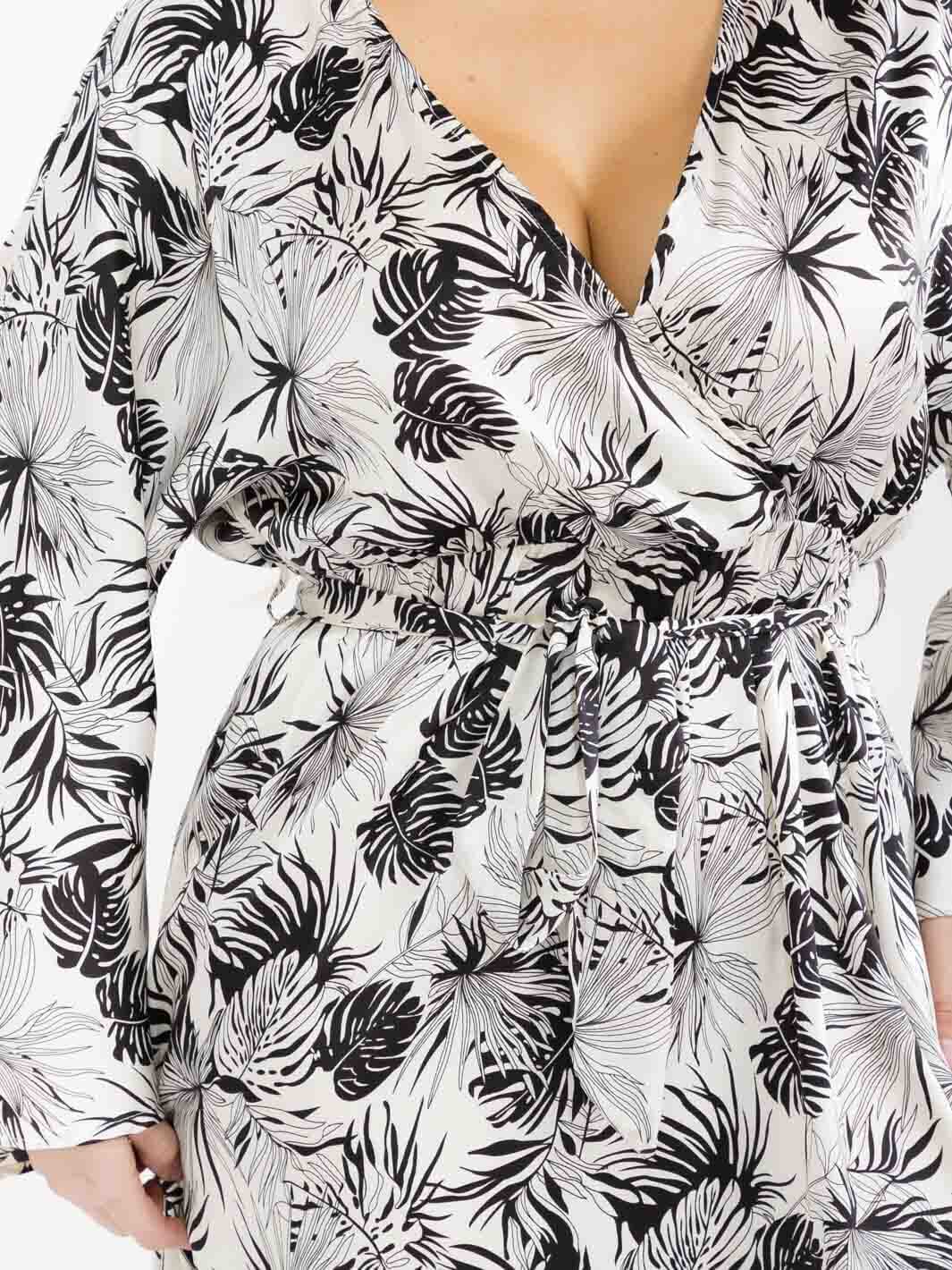 PLUS SIZE LONG SLEEVE SURPLICE SELF TIE SIDE SLIT LEAF PRINT MAXI DRESS