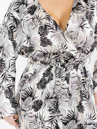 PLUS SIZE LONG SLEEVE SURPLICE SELF TIE SIDE SLIT LEAF PRINT MAXI DRESS