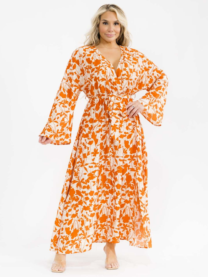 PLUS SIZE LONG SLEEVE SURPLICE SELF TIE SIDE SLIT LEAF PRINT MAXI DRESS