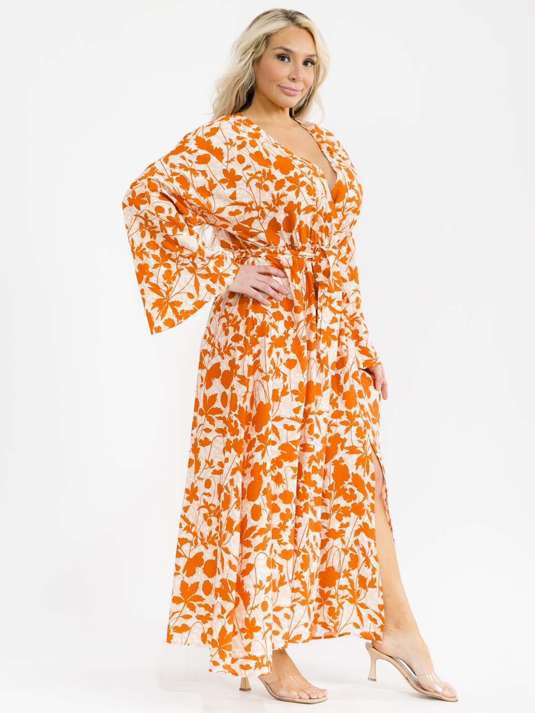 PLUS SIZE LONG SLEEVE SURPLICE SELF TIE SIDE SLIT LEAF PRINT MAXI DRESS