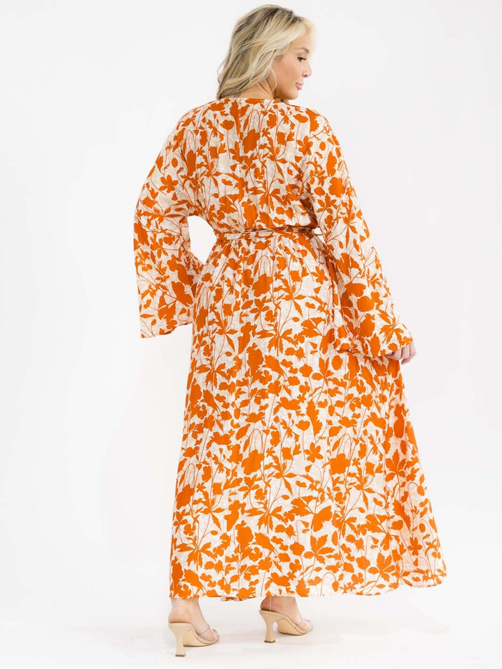 PLUS SIZE LONG SLEEVE SURPLICE SELF TIE SIDE SLIT LEAF PRINT MAXI DRESS