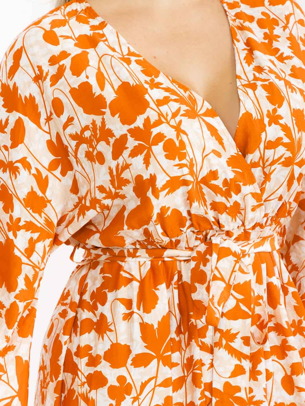 PLUS SIZE LONG SLEEVE SURPLICE SELF TIE SIDE SLIT LEAF PRINT MAXI DRESS