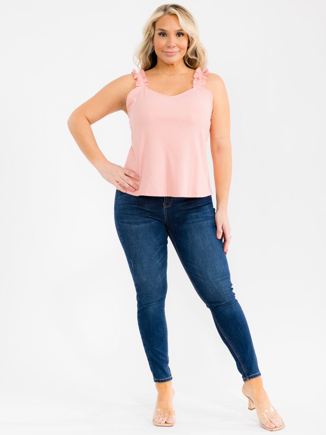 PLUS SIZE SLEEVELESS V-NECK RUFFLE RIBBED TANK TOP