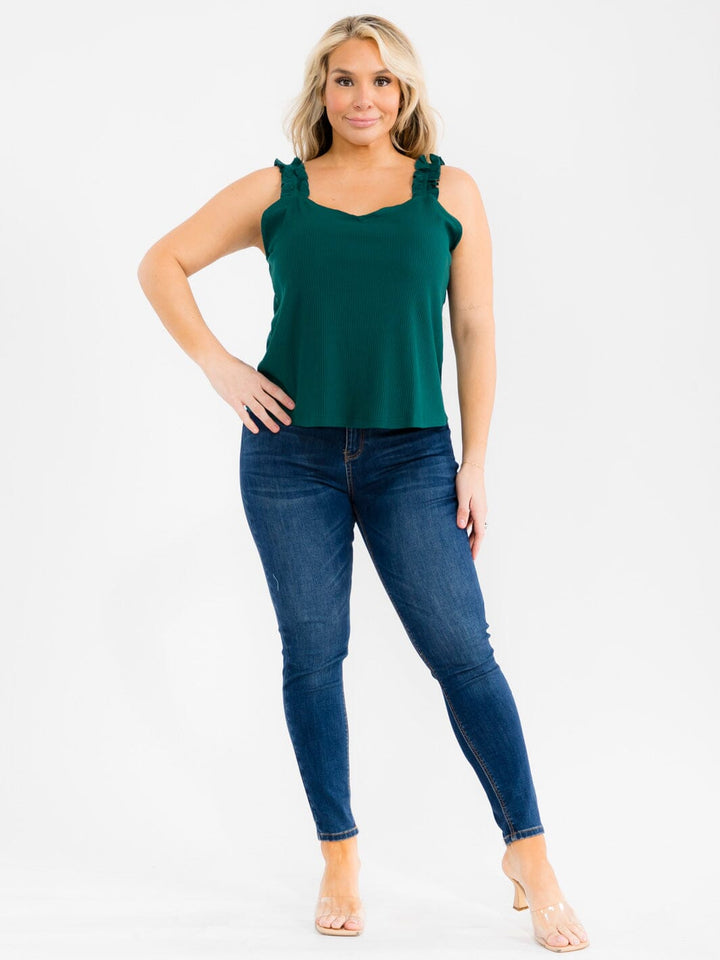 PLUS SIZE SLEEVELESS V-NECK RUFFLE RIBBED TANK TOP
