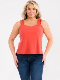 PLUS SIZE SLEEVELESS V-NECK RUFFLE RIBBED TANK TOP