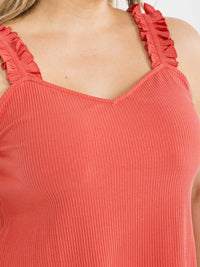PLUS SIZE SLEEVELESS V-NECK RUFFLE RIBBED TANK TOP