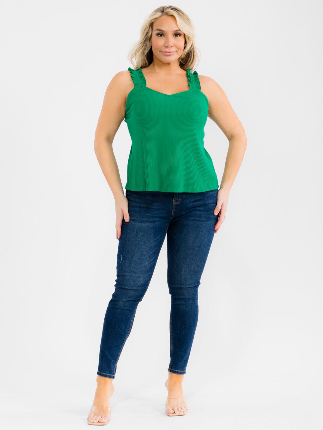 PLUS SIZE SLEEVELESS V-NECK RUFFLE RIBBED TANK TOP