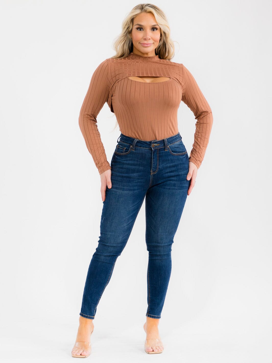 PLUS SIZE LONG SLEEVE BOLERO & SLEEVELESS RIBBED BODYSUIT