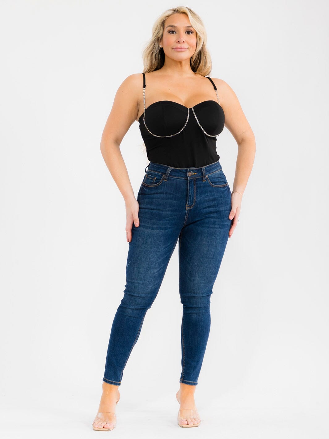 PLUS SIZE SLEEVELESS RHINESTONES DETAILED BODYSUIT