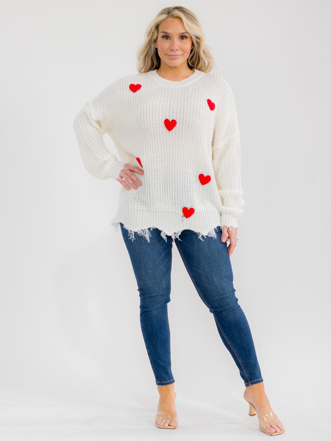 PLUS SIZE LONG SLEEVE FUZZY HEART KNIT RAW EDGE PULLOVER SWEATER
