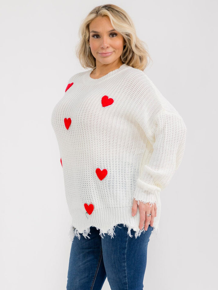 PLUS SIZE LONG SLEEVE FUZZY HEART KNIT RAW EDGE PULLOVER SWEATER
