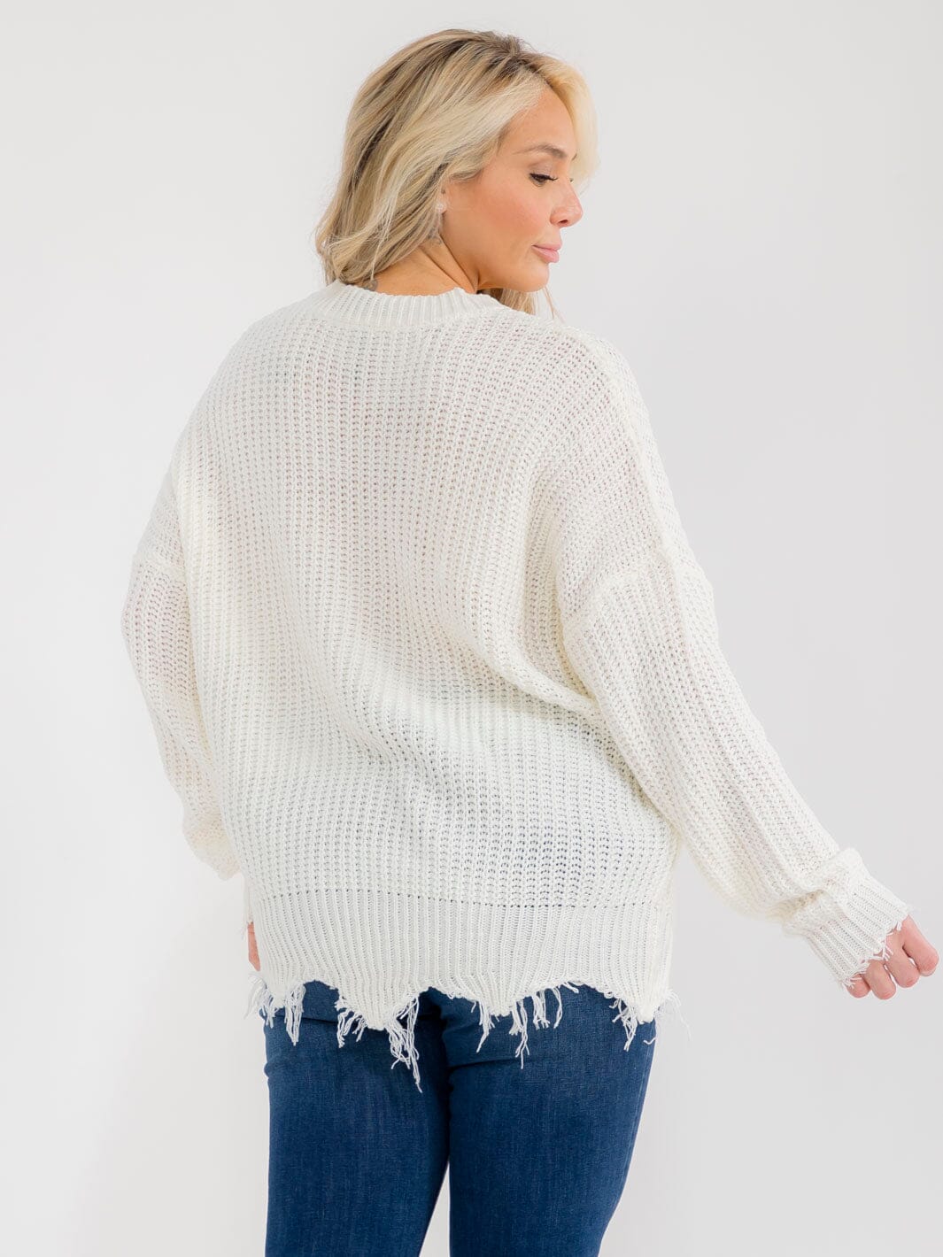 PLUS SIZE LONG SLEEVE FUZZY HEART KNIT RAW EDGE PULLOVER SWEATER