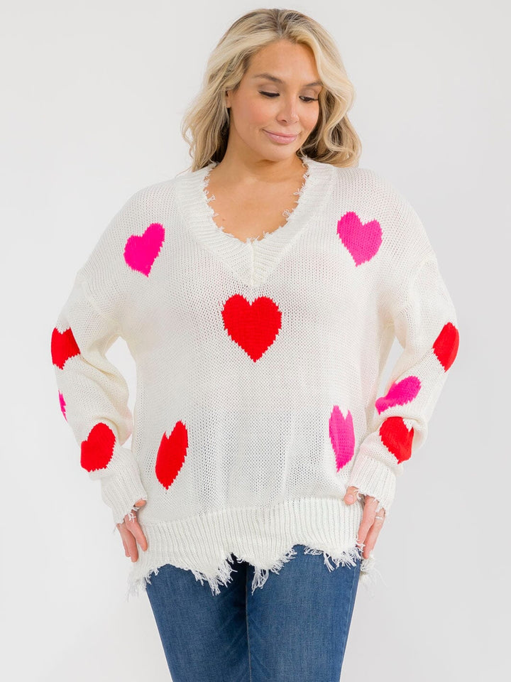PLUS SIZE LONG SLEEVE V-NECK HEART KNIT RAW EDGE PULLOVER SWEATER